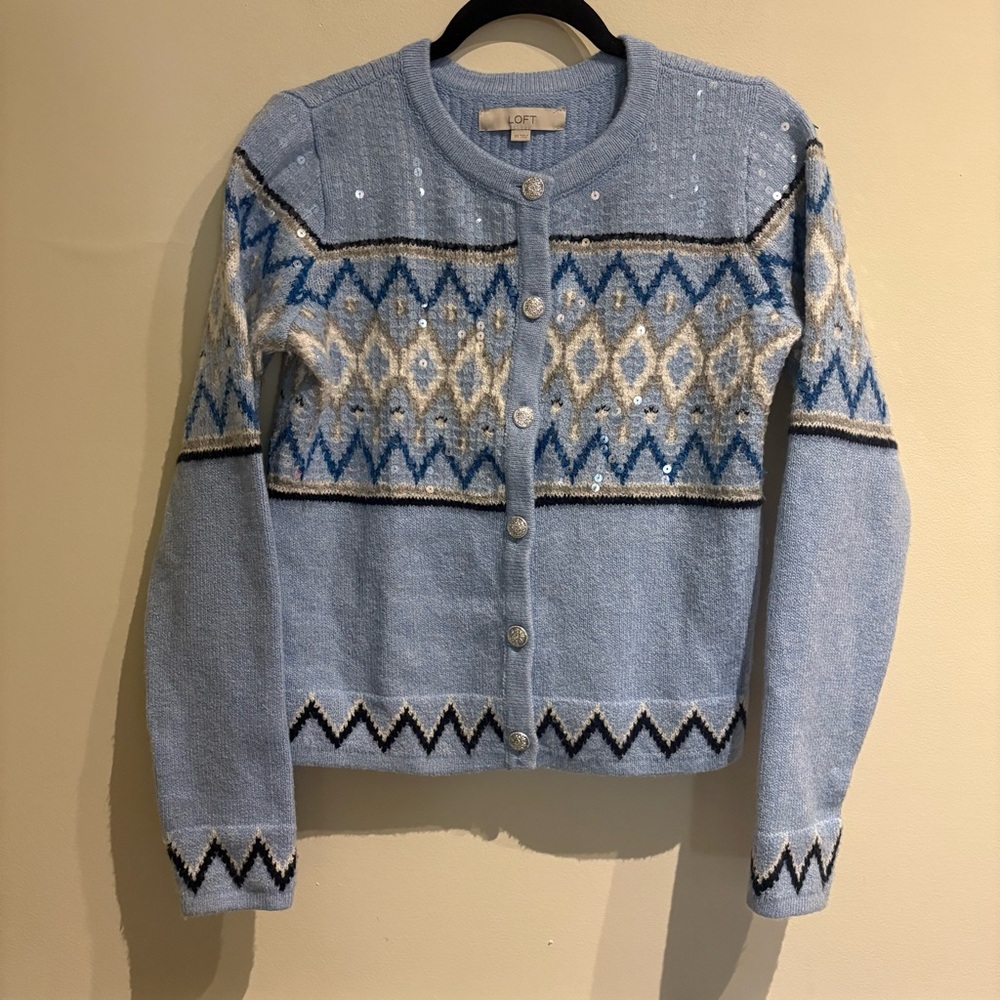 LOFT Sequin Fair Isle Sweater Jacket Light Blue size XS Cotton Blend - Picture 5 of 9